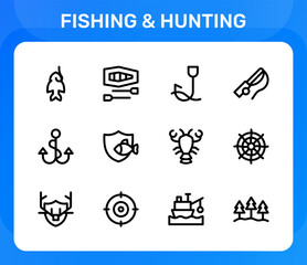 Fototapeta premium Fishing and Hunting icon set. Editable line icons. Professional and modern outline icon pack vector illustration showcasing nets, hooks, and outdoor gear in a clean design.