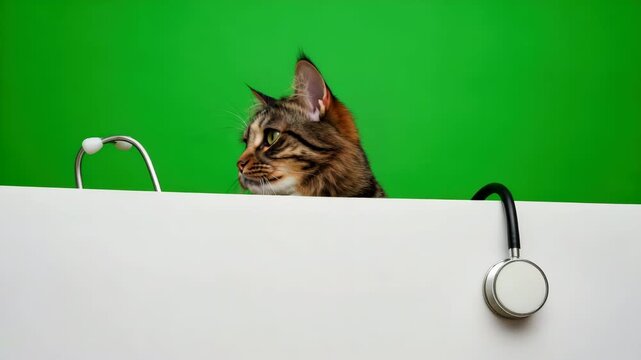 Static shot of tabby cat peeking and turning head over white examination table with stethoscope on edge against solid green background in veterinary clinic setting