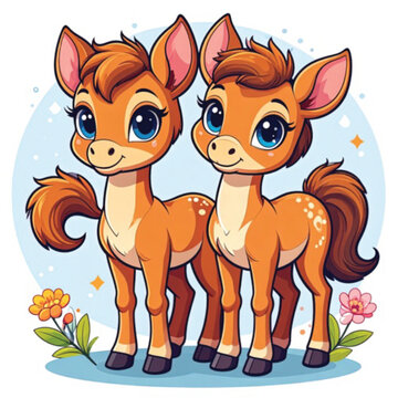 Two Cute Cartoon Foals Standing Together.