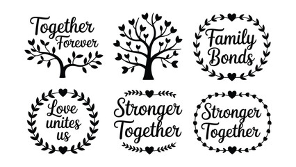 Obraz premium Set of six black silhouette love and family tree graphic illustrations with inspirational quotes on white background