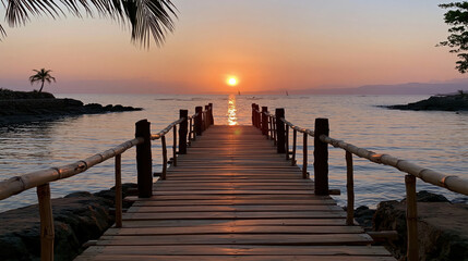 Fototapeta premium Sunset pier tropical beach wooden pier calm sea orange sky palm tree summer vacation tranquil water seascape golden hour tropical sunset evening light romantic mood travel destination peaceful