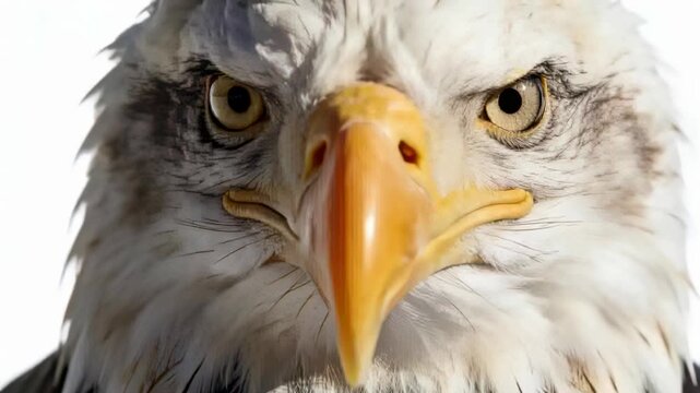 Reacting to camera zooming, bald eagle head moving forward on white backdrop, showing yellow beak