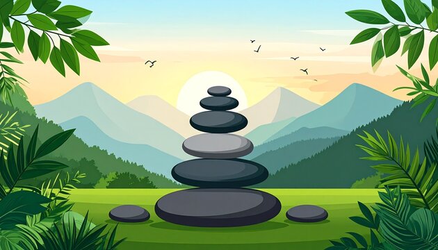 Zen stone tower in nature with mountains and sunrise background.