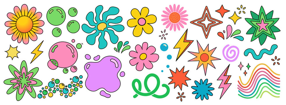 Abstract flowers and clouds shapes sticker set. Groovy funky flowers, bubbles, stars, loops and waves in trendy retro cartoon style. Illustration with wavy elements.