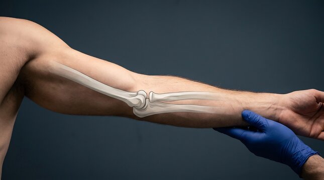 Medical illustration of human arm elbow joint hyperextension showing bone structure and orthopedic examination