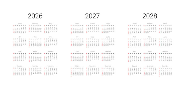 2027, 2026,  2028 Calendar in Portuguese. Calendar template for Brazil start from Sunday. Full months for wall calendar, isolated wall background