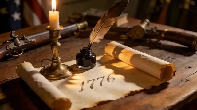 Flickering candle flame casting light on colonial desk, revealing 1776 parchment, quill, pistols