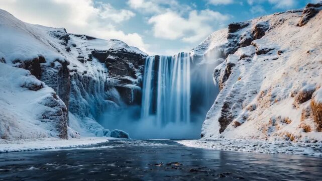 Skogafoss waterfall in Iceland during winter with snow-covered cliffs and misty valley