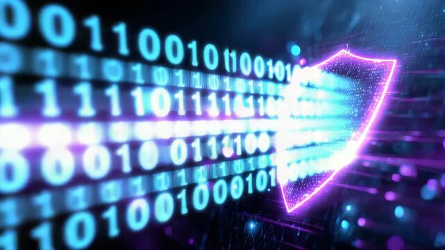Tracking shot of digital shield deflecting binary code while moving through virtual network cyberspace with neon purple blue glow