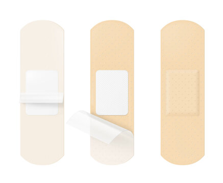 Realistic adhesive bandage strip mockup set. Vector Illustration isolated on white background. Ready and easy to use for your design. Scalable without lose quality. EPS10.
