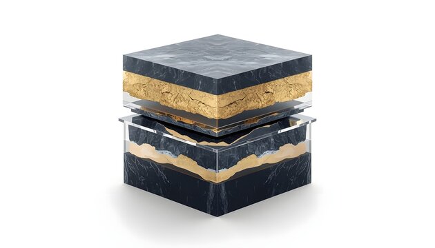Clean cross section studio render of a solid cube showing perfect geological layers of dark slate stone and glittering raw gold veins.