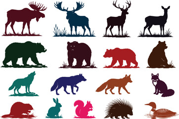 Fototapeta premium Colorful vector silhouettes of various forest animals with transparent backgrounds for nature illustrations
