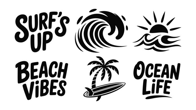 Surfing beach vacation icons with ocean wave palm tree and surfboard illustrations  summer coastal graphics