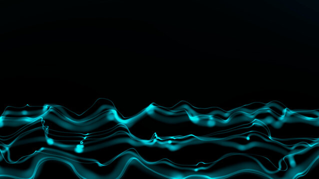 Cyan glowing liquid energy wave flowing on dark background, abstract digital data stream loop for technology visuals, cyber screens, and VJ motion design