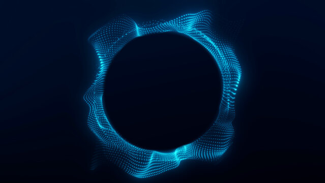 Cyan glowing particle wave portal with dotted digital motion on a dark background. Abstract AI data ring for cyber technology visuals, science concepts, network systems, futuristic screens,