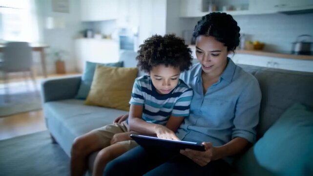 Tapping child swiping tablet on sofa, woman wearing blue shirt holding tablet and guiding play