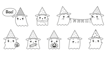 Naklejka premium Collection of a cute ghosts in a party hats - coloring book elements. Outline Illustration on a transparent background