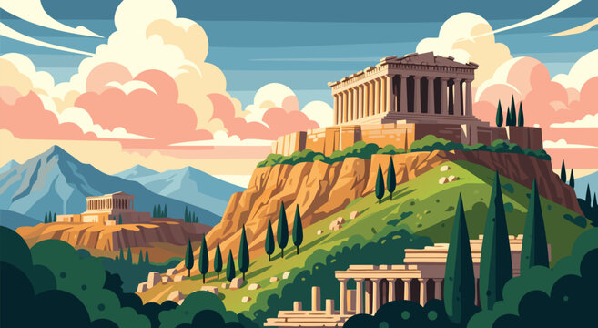 vector illustration of the acropolis of athens, an ancient greek citadel on a rocky outcrop, with surrounding greenery and soft clouds in a beautiful landscape a9