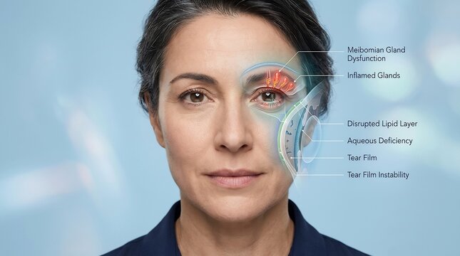 Medical illustration of a woman's face with an anatomy overlay showing dry eye syndrome and Meibomian gland dysfunction