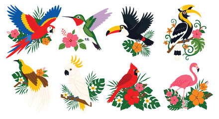 Exotic Tropical Birds and Flowers Vector Illustration Set © Lunsuk