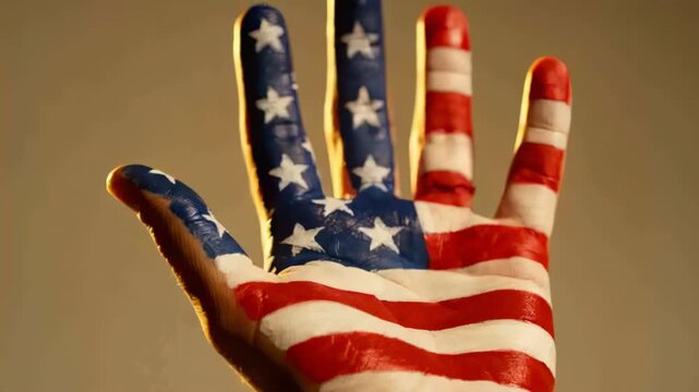 Presenting painted hand in studio starting with raised palm tilting fingers showing flag texture