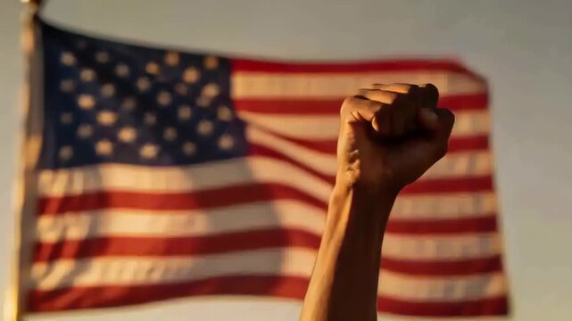 Person holding raised clenched fist and arm at pole, showing solidarity as wind waves American flag