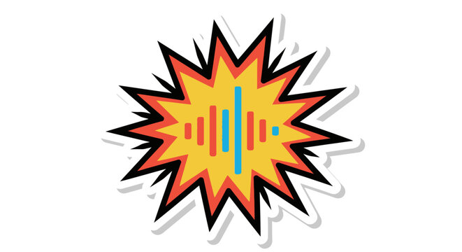 Vibrant sticker illustration of an explosion starburst containing a colorful sound wave graphic, symbolizing audio or impact.