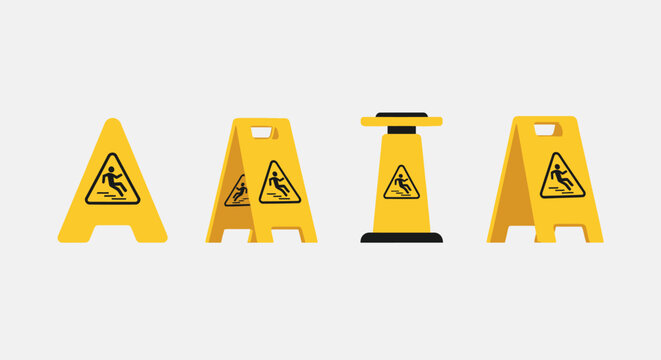 Collection of four yellow wet floor warning signs with a slipping person icon, indicating caution on a slippery surface.