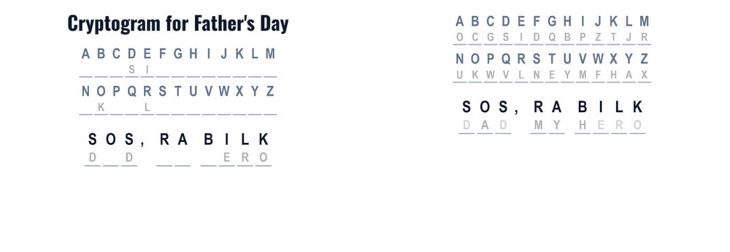 Cryptogram puzzle for Father's Day with encoded messages and clues, reverse
