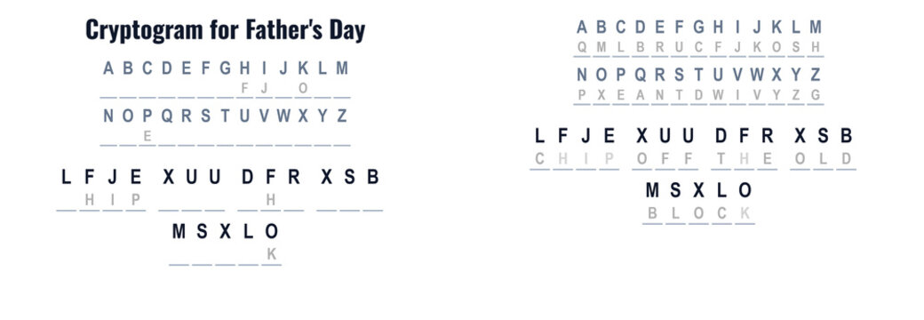 Cryptogram puzzle for Father's Day on white background concept of hidden words puzzle, reverse