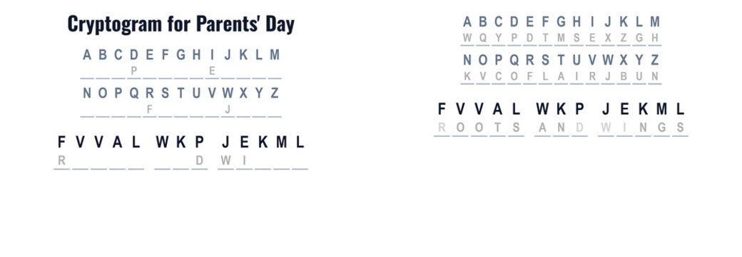 Cryptogram puzzle for Parents' Day with alphabet and clues, reverse