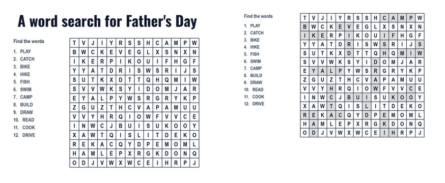 Word search puzzle sheet for Father's Day with hidden words list  