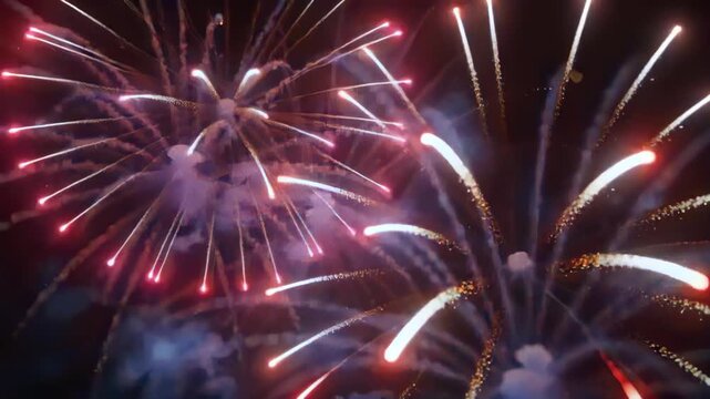 Igniting fuses launching shells bursting, expanding across night sky with red blue trails smoke