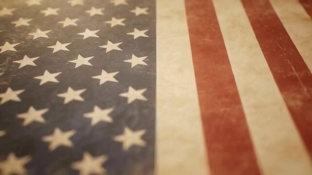 Camera pulling focus, revealing vintage US flag closeup in studio with worn texture and film grain