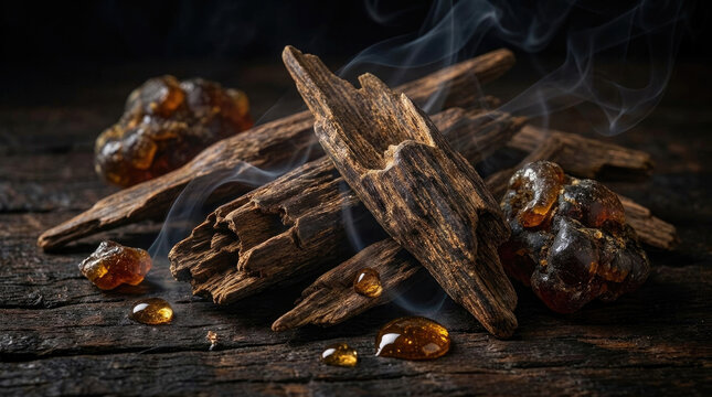 Aromatic oud wood chips and resin create captivating scene with smoke swirling around