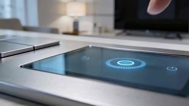 Pressing index fingertip on circular glass control on countertop to activate burner, copy space