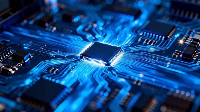 Central chip on electronic circuit board with blue glowing traces