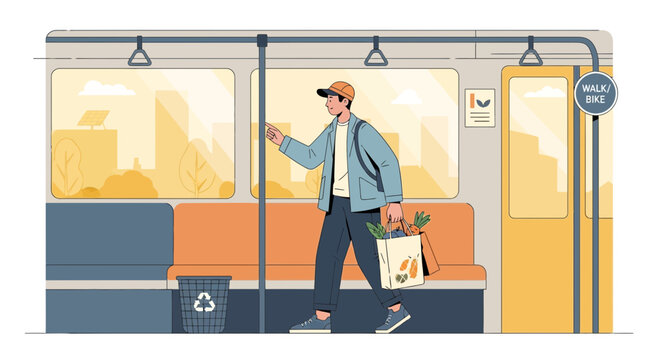 Man walking in subway with groceries, modern urban commute lifestyle illustration