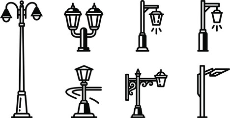 Naklejka premium Street lighting and outdoor lamp post vector icon collection