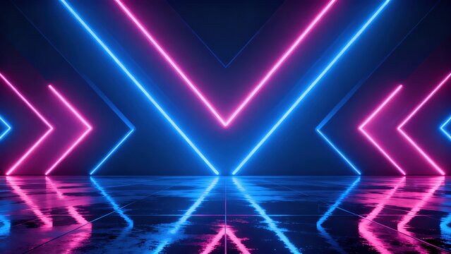 Neon light patterns on reflective floor