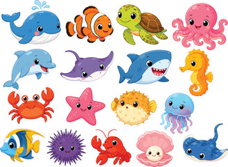 Naklejka premium Colorful cartoon fish, octopus, crab, turtle, and seahorse orange fish