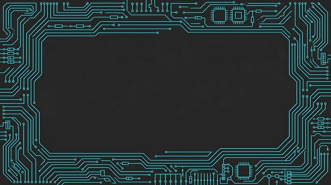 Modern electronic circuit pattern forming a glowing rectangular border, ideal for technological backgrounds and digital interface designs and innovation