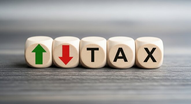 Tax word on wooden blocks with up and down arrows, financial tax increase or decrease concept, taxation and accounting business metaphor