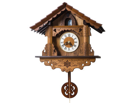 Isolated traditional handcrafted wooden cuckoo clock with intricate carvings and elegant pendulum