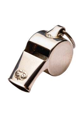 Isolated vintage shiny silver sports whistle with intricate detailing, a classic referee's signaling tool.
