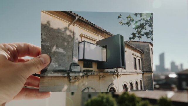 Entering frame left hand bringing print to center, aligning stone front against rooftop skyline