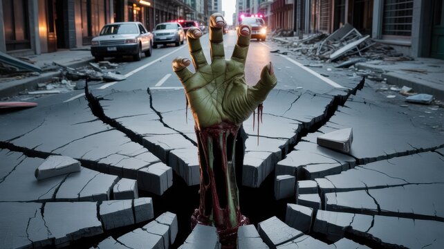 A monstrous green hand emerges from a cracked street in a devastated city, with police cars and debris in the background.