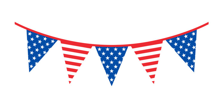 Patriotic bunting flags with stars and stripes hanging on a red string against a white background