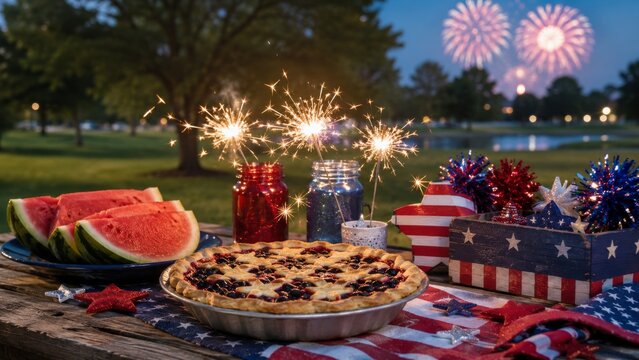 Patriotic picnic with pie watermelon and sparklers