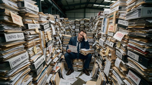 ai Stressed businessman overwhelmed by unpaid bills and paperwork, exhausted office worker buried in stacks of documents, financial debt crisis concept isolated on White Background